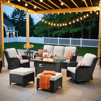 Guillen 5 - Person Wicker/Rattan Fire Pit Seating Group With Swivel Chairs and Cushions