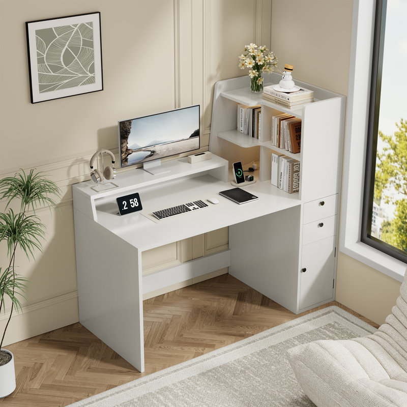 Modern White Computer Desk With 2 Drawers