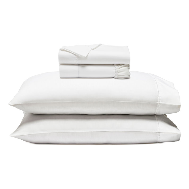 Ensemble de draps en coton mélangé à ourlet brodé 600 fils imperia, Blanc, Ensemble de draps pour très grand lit avec 2 taie