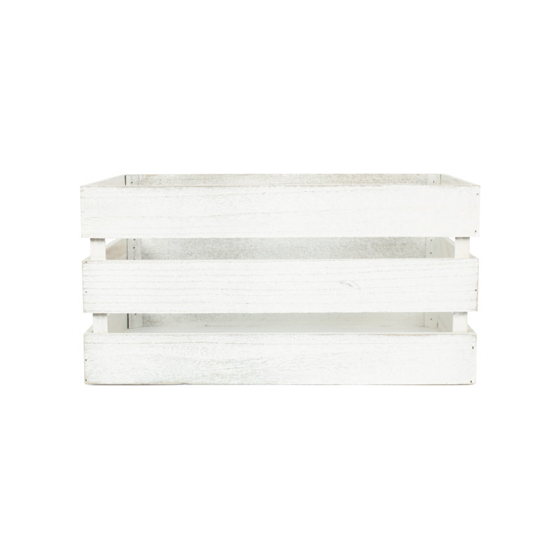 Wooden Slatted Storage Crate, 17.5cm H x 25cm W x 35cm D, White Wash