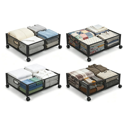 Ensemble de 4 bacs de rangement sous le lit avec roulettes, organisateur de rangement roulant en métal pour vêtements, chaussures, couvertures et articles saisonniers