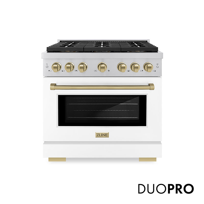 ZLINE Autograph 36 in. Paramount Gas Range with 6 DuoPro Burners w/ Black Door & Gold Accents, White Matte, Champagne Bronze