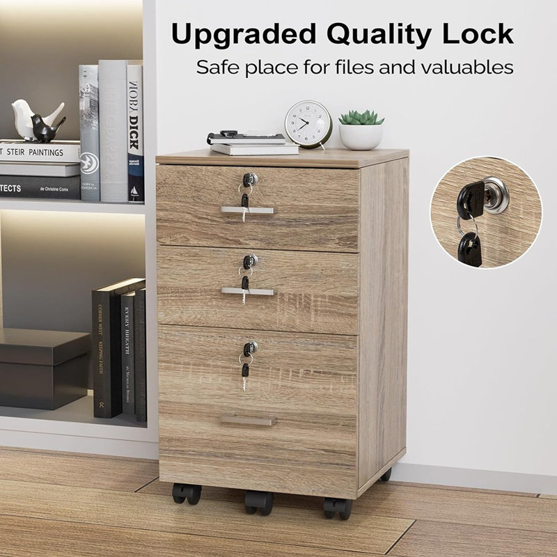 3-drawer File Cabinet With Lock, Wood Rolling File Cabinet Under Desk File Cabinets For Home Office, Mobile Printer Stand & File Cabinet For Letter Sized Files, 26" H(caster Included), Oak