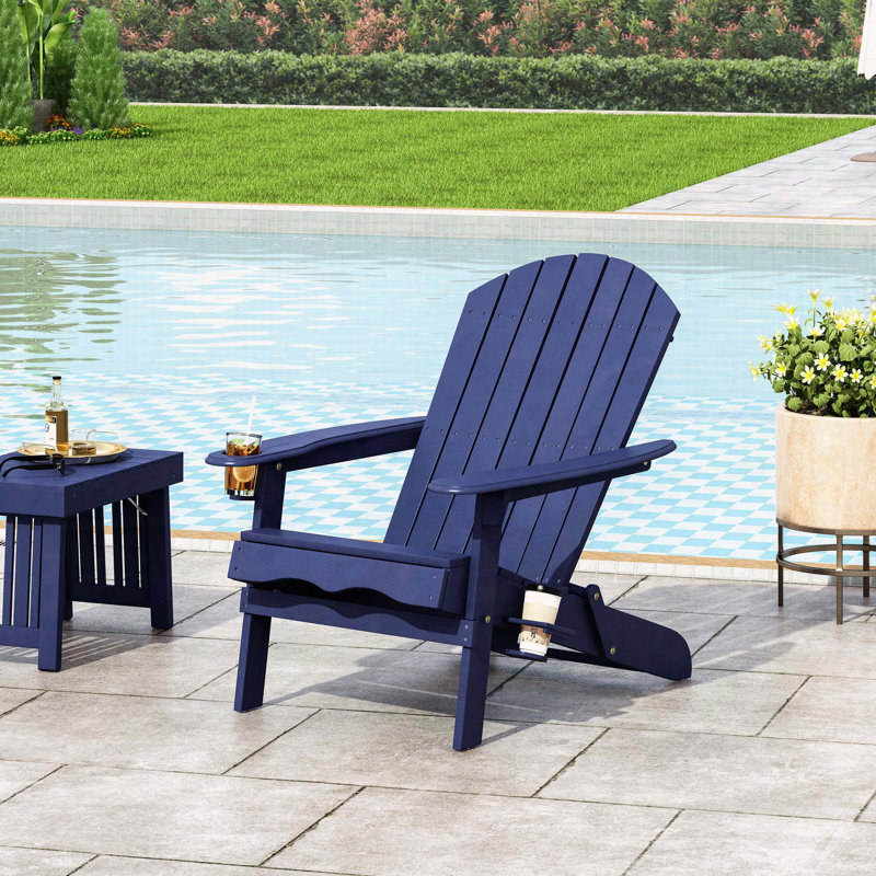 Folding Adirondack Chair with Cup Holders – Rustic Style, Portable & Comfortable for Patio or Pool, Blue