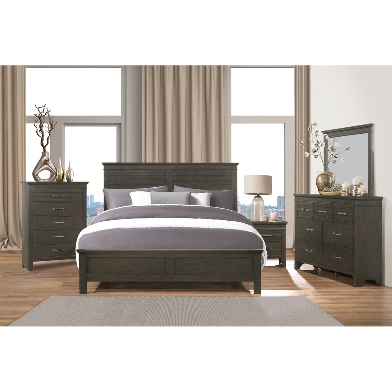 Grand lit à panneau transitionnel, mobilier de chambre à coucher avec finition de lit - tête de lit en bois et sommier tapissier requis