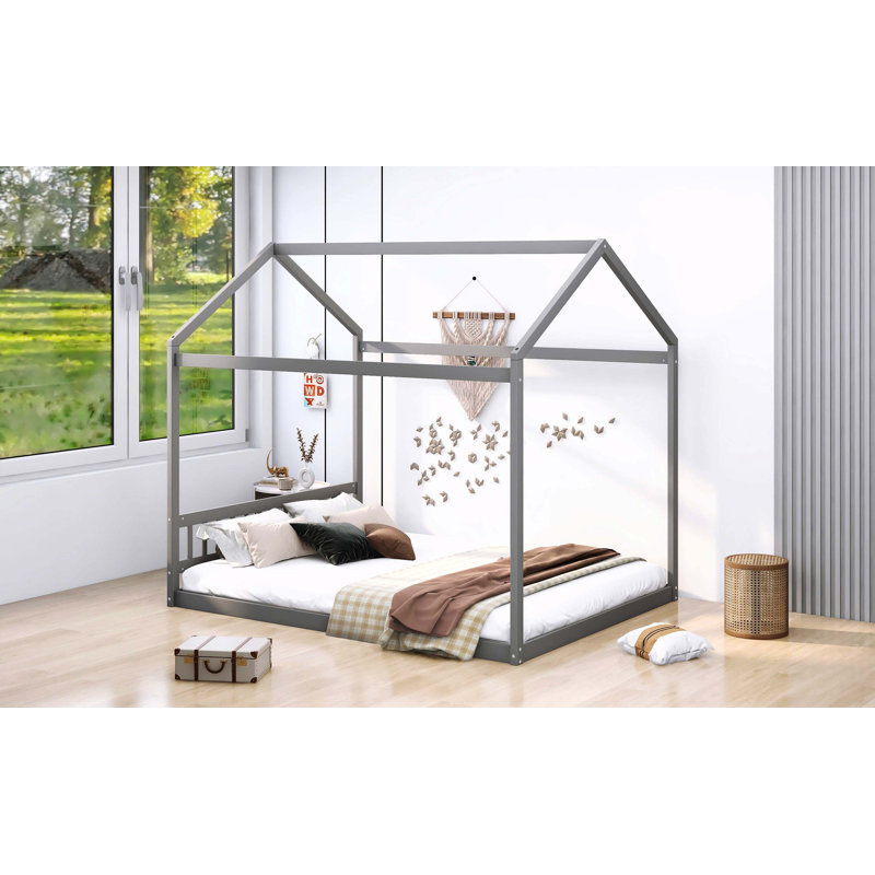 Queen Size Natural Wood House Bed With Custom Headboard Decoration, Gray Finish, Gray