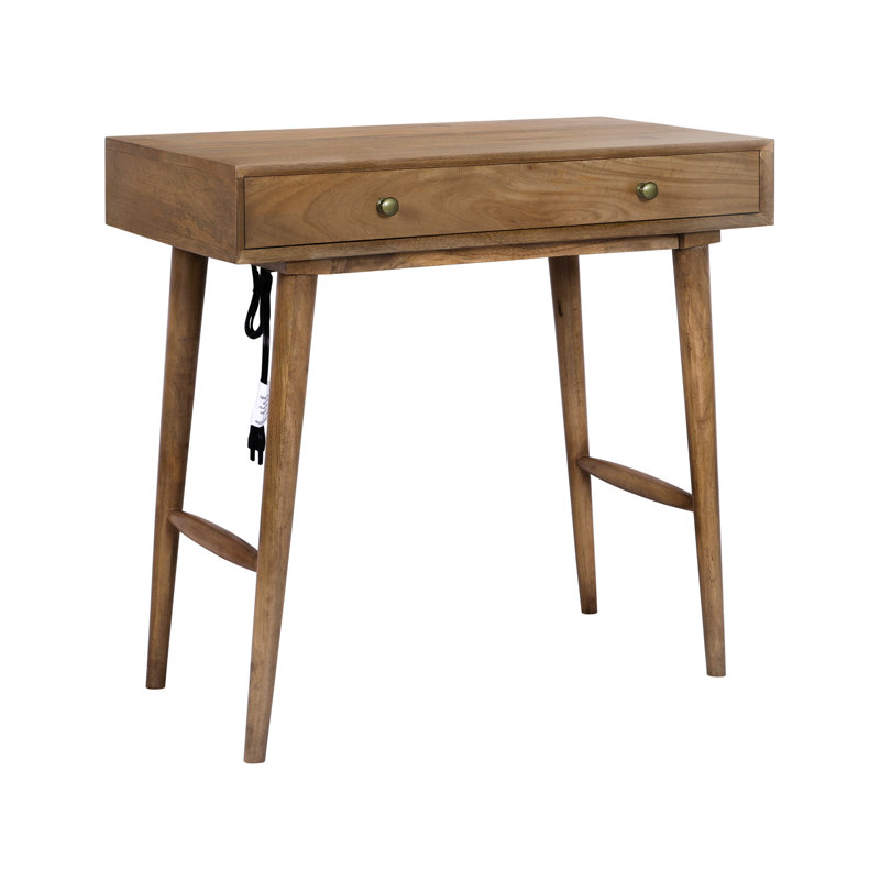 Alann Solid Wood Writing Desk with Built-In Outlets/USB, Honey Brown, Brown