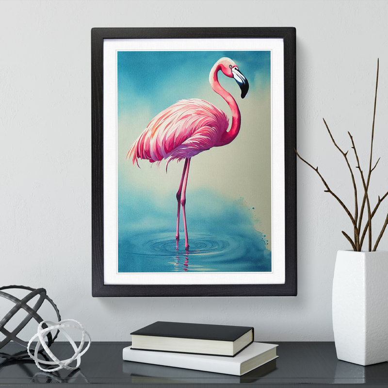 Flamingo In A Pond - Single Picture Frame Print, 64cm H x 46cm W, Black