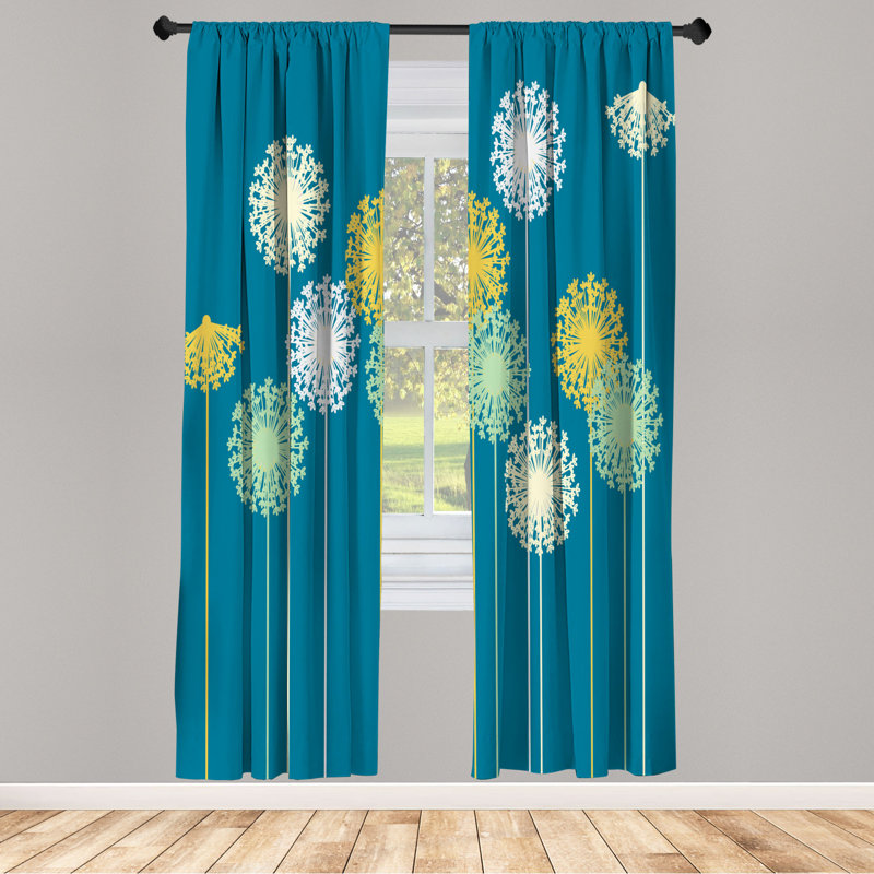 Microfiber Floral Semi-Sheer Rod Pocket Curtain Panels, 28" W x 84" L, Teal/Yellow
