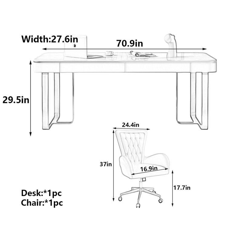 Luxury Minimalist Sintered Stone Desk, 29.5" H x 70.9" W x 27.6" D