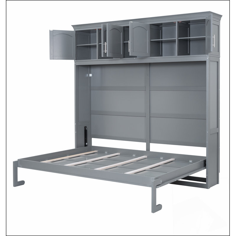 Lit escamotable double pleine grandeur avec armoires supérieures, gris, Grey, Double