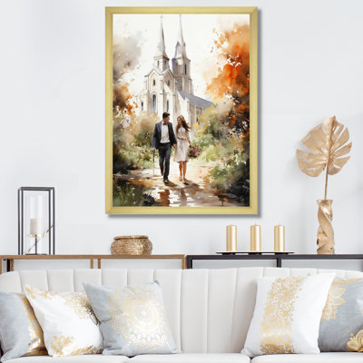 Couple in Love, chapelle de mariage, aquarelle rustique - reproduction sur toile