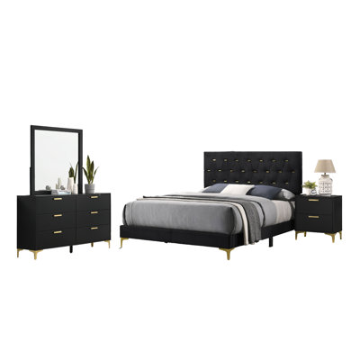 Ensemble de chambre pour très grand lit 4 pièces Dle, velours noir touffeté, or moderne Dle