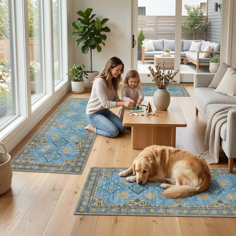 Ensemble de 3 tapis de cuisine lavables et antidérapants, Bleu pâle