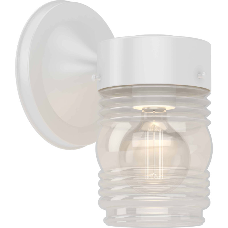 1-Light Outdoor White Wall Mount Wall Armed Sconce with Clear Ribbed Jelly Jar Glass Shade, White