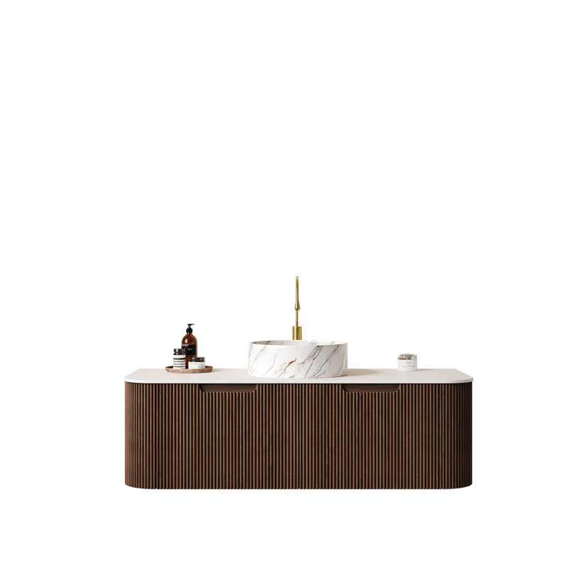 Meuble-lavabo de salle de bain 48 po avec lavabo, lavabo mural à bords courbés et rayés avec 2 tiroirs, lavabo rond en céramique blanc avec motif de pierre, pré-assemblé