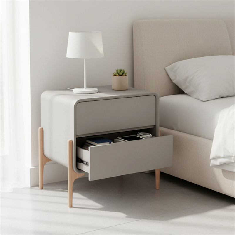Table de chevet multifonctionnelle avec plateau spacieux et double tiroir, Gris