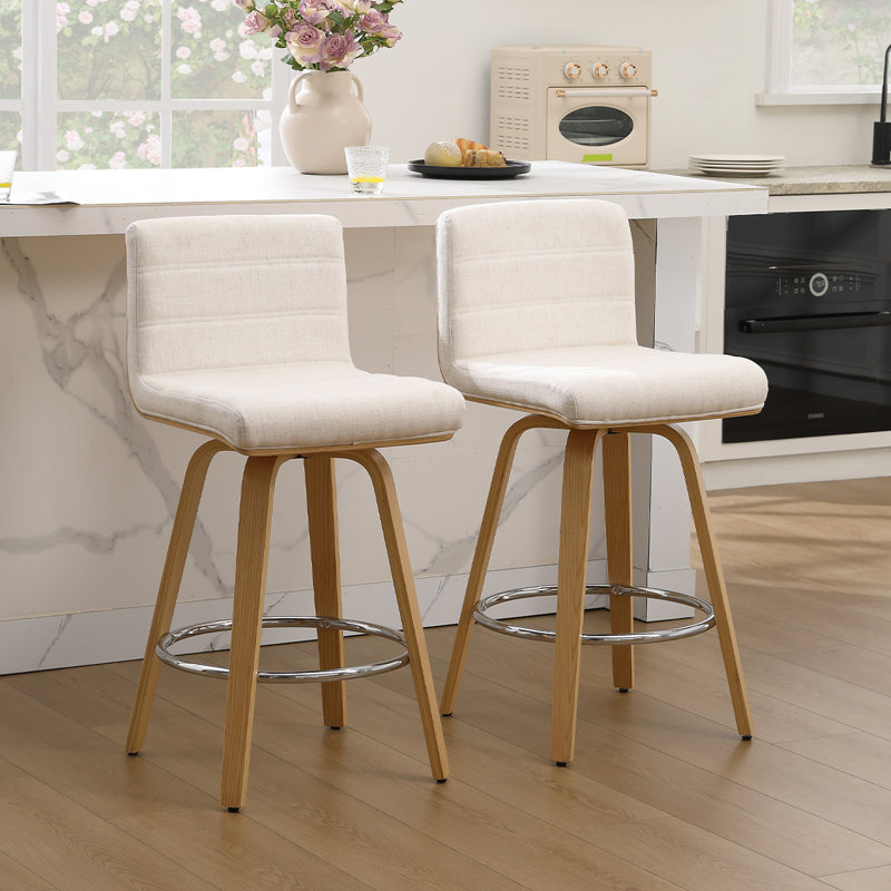 Swivel Upholstered Counter & Bar Stool With Solid Wood Frame, 2, Light Beige/Linen