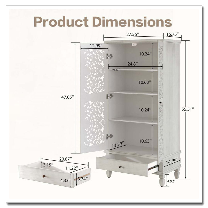 55'' Tall Storage Cabinet with Drawer, White Washed
