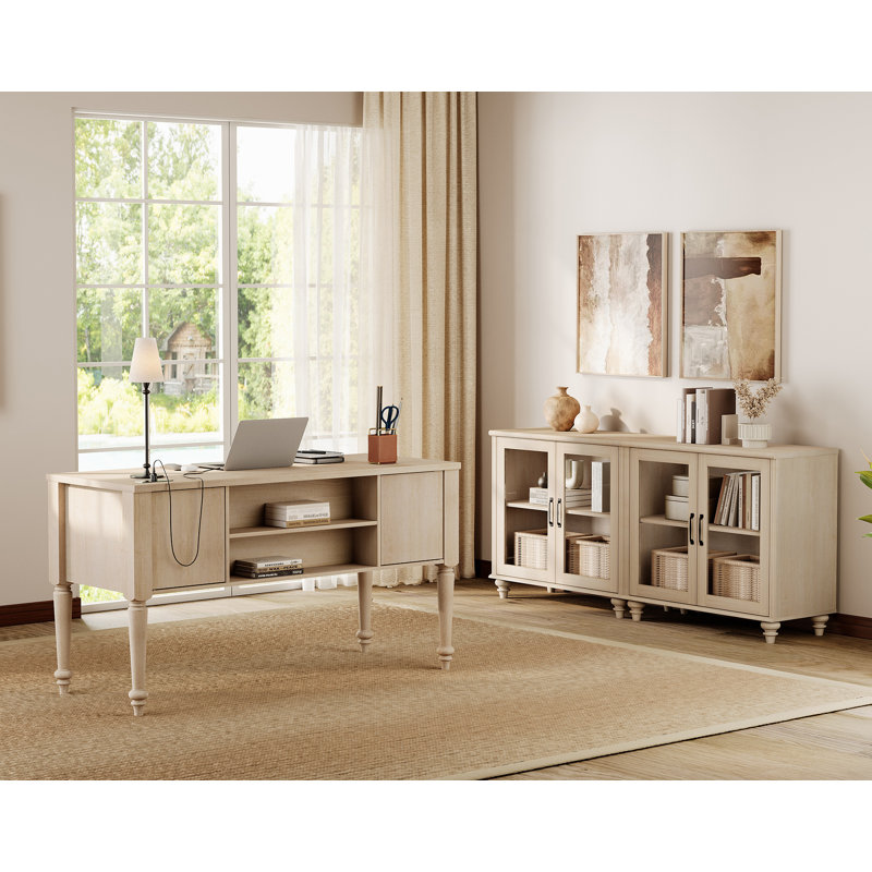 2 Piece Office Set, 56" Executive Desk & Set Of 2 Cabinets With Glass Door, Beige