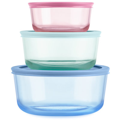 Pyrex Simply Store Tinted 6-Piece Round Glass Storage Container Set with Mixed Color Lids (3 Containers with 3 Lids)
