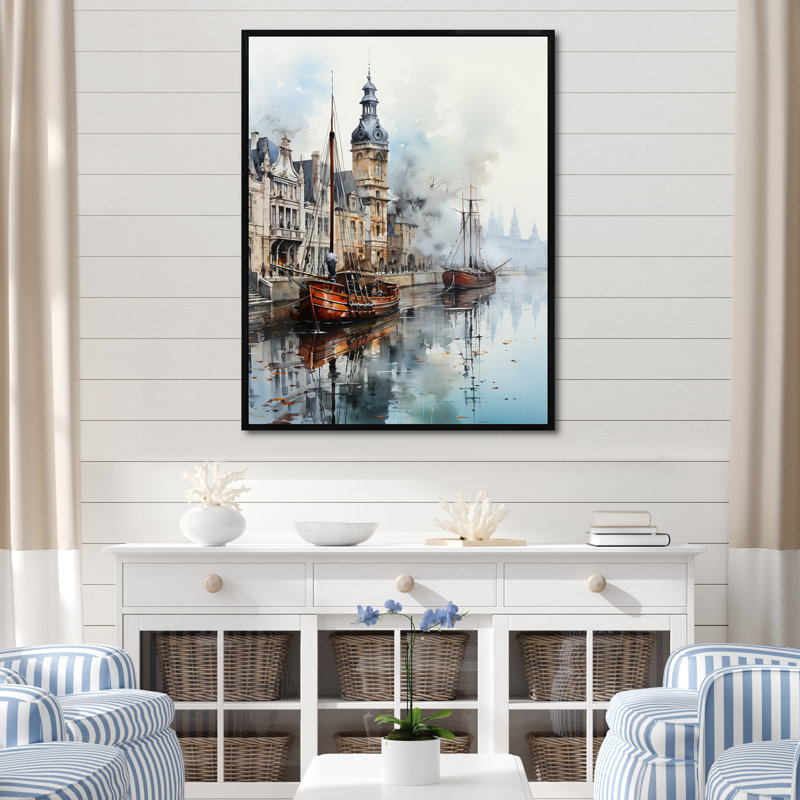«Old Ship Boat At The Port I», reproduction sur toile, Cadre flottant noir, H 40 po x l 30 po x P 1,5 po