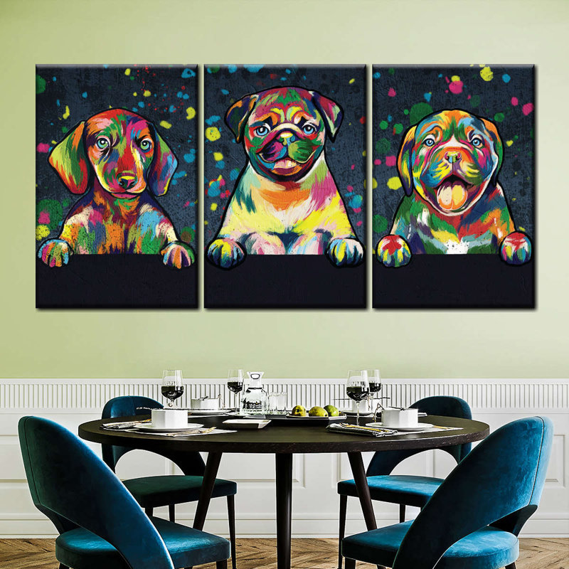 " Dogs Abstract Color Multi Piece Canvas Print " 3 - Pieces, 12" H x 26" W x 1" D