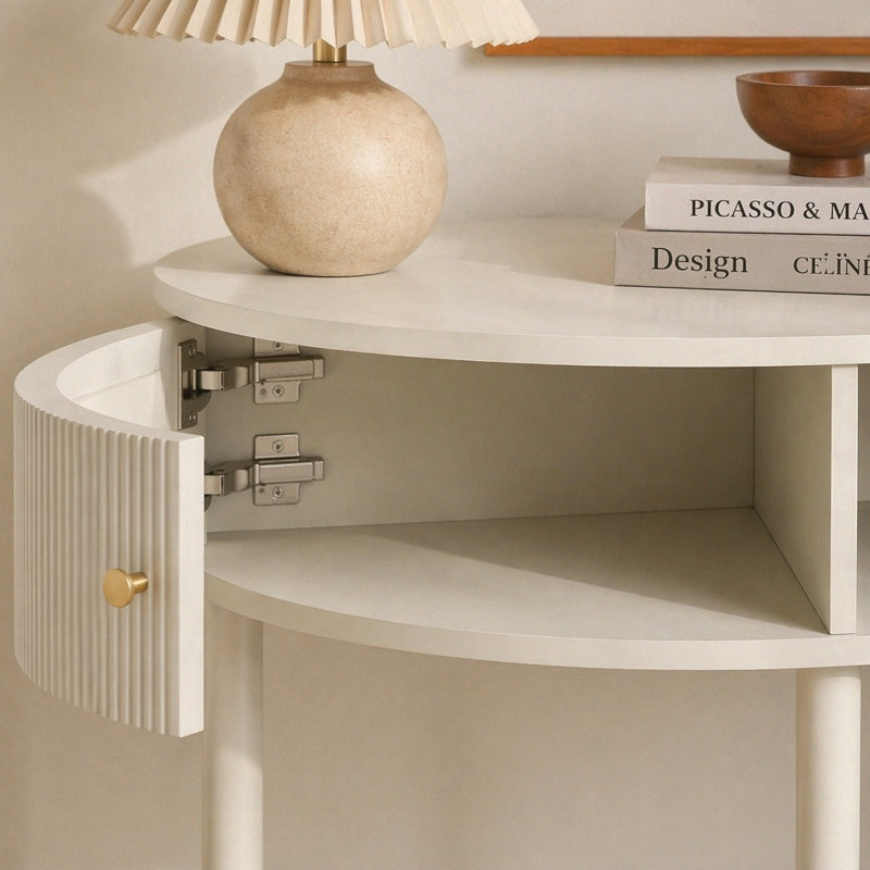 Console ArtisanCrafted WavePattern DemiLune avec finition blanc crème, table de bout unique en forme de demi-lune avec 2 tiroirs de rangement et tablette inférieure pour le salon, la chambre à coucher, le bureau, le couloir