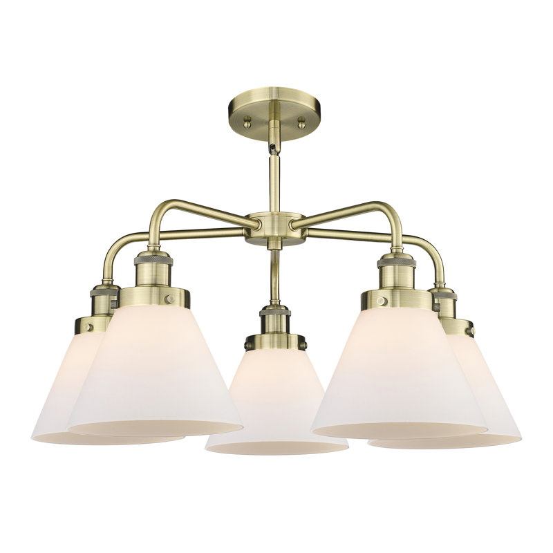 Lustre suspendu 5 lumières Cone, Laiton antique, Blanc mat