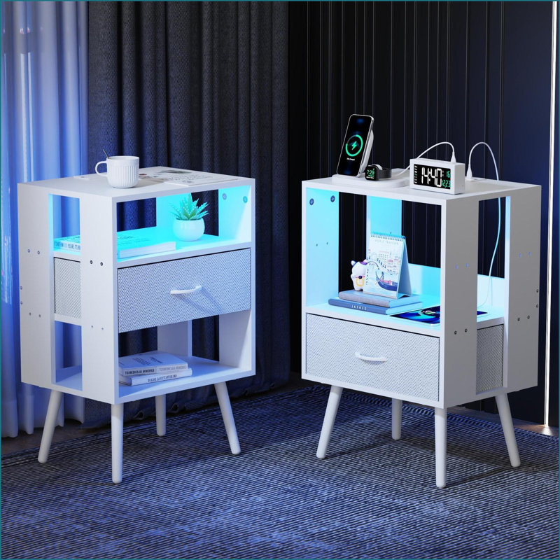 2 Pack Modern Nightstand with Charging Station, LED Light &amp; Fabric Drawer, White