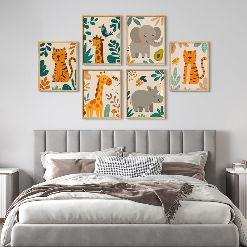 Safari Jungle Animal, ensemble de 6 reproductions d'art encadrées par des animaux, H 14 po x l 11 po, Naturel