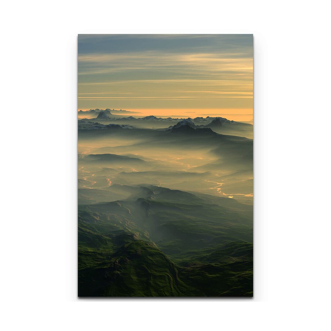 Leinwandbild Bergige Landschaft beim Sonnenuntergang