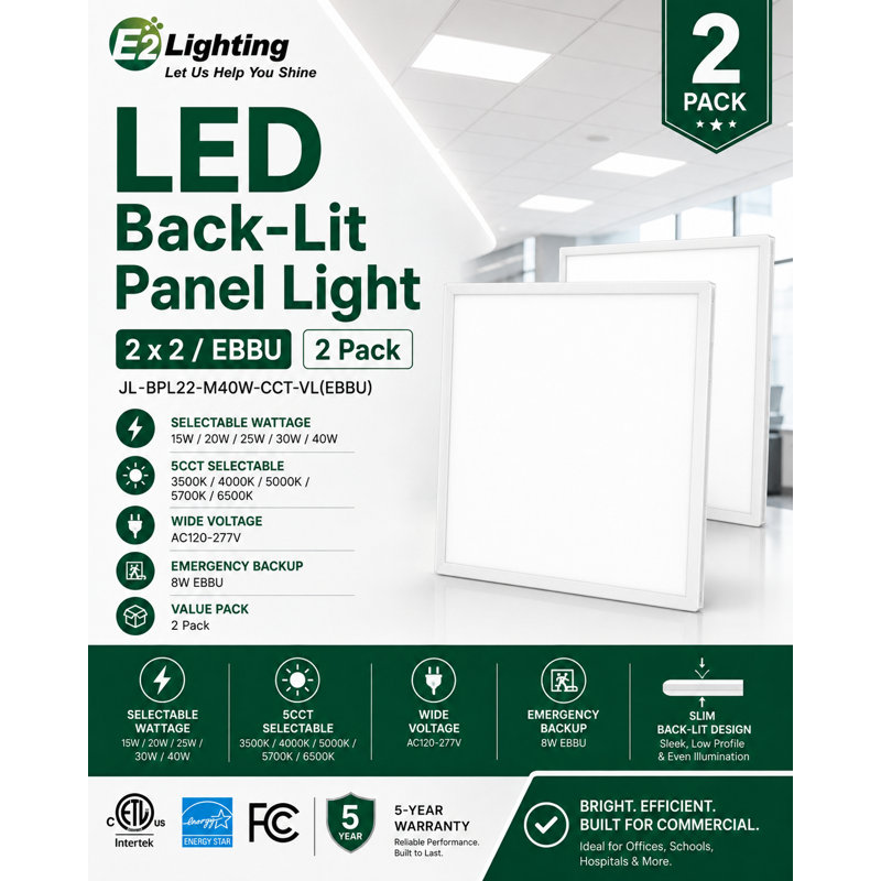 Panneau lumineux DEL intégré rétroéclairé E2 Lighting 2' x 2' à usage commercial avec batterie de secours, puissance et température de couleur sélectionnables (ensemble de 2)
