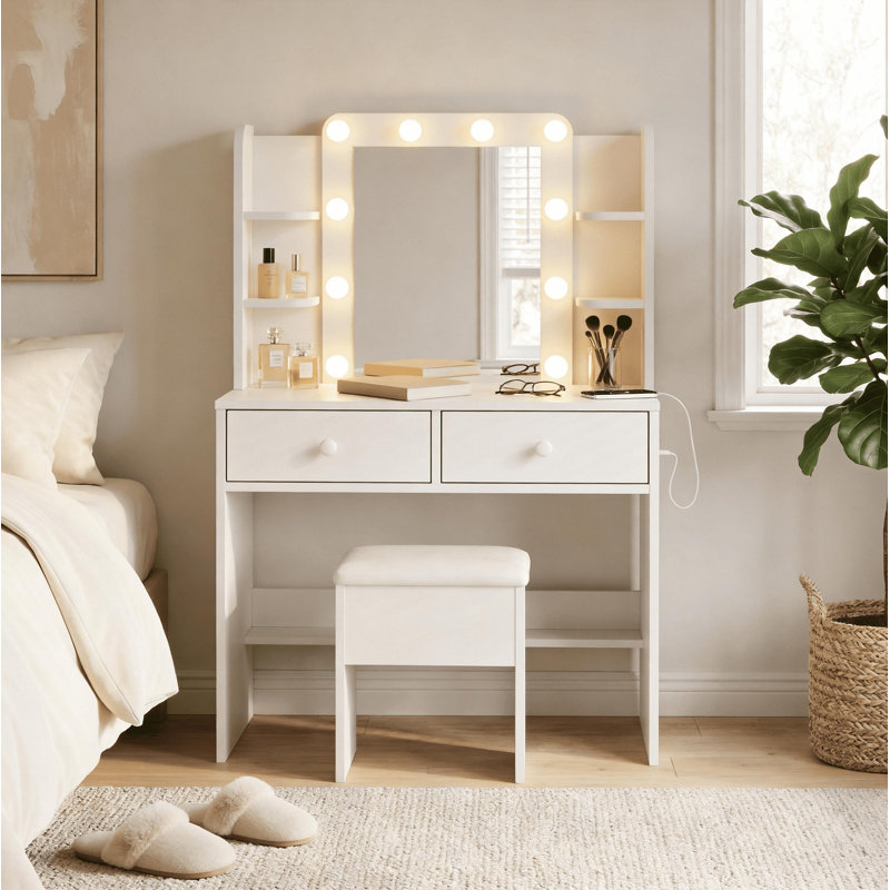 White Vanity with Lighted Mirror, Power Outlets and Storage Stool, 6 Open Shelves and 2 Drawers, White