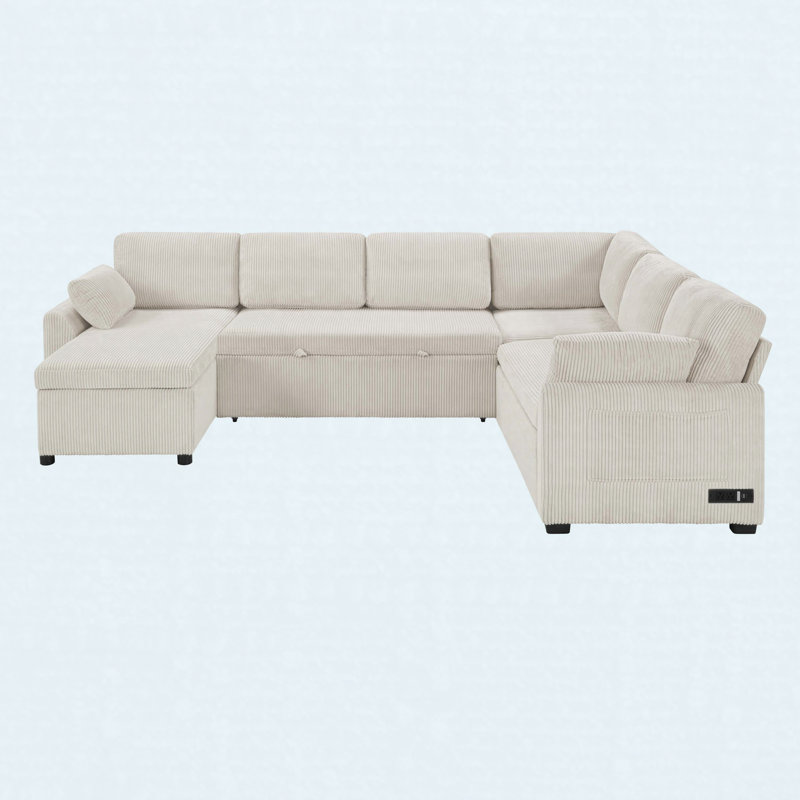 111" U-Shaped Convertible Sofa Bed with Reversible Chaise & Storage Pockets