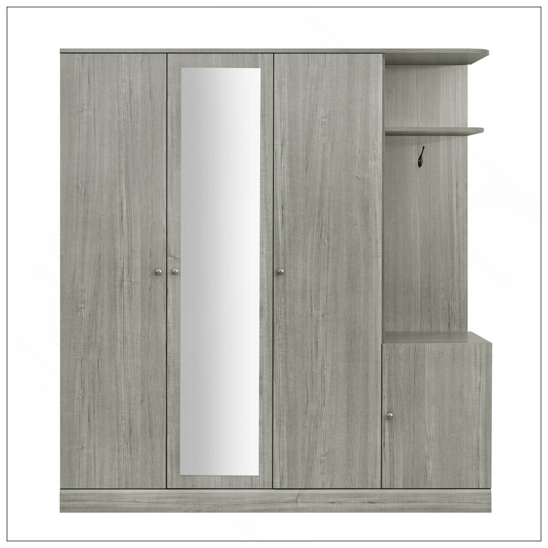 Armoire 4 portes avec tablettes, tiroirs et miroir pleine grandeur, Gris