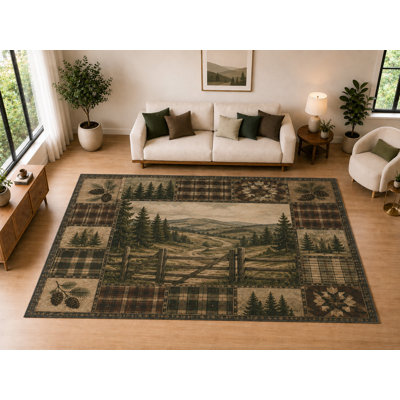 Grand patchwork de barrière de montagne «Ultra Léger» 6 pi 7 po x 9 pi 10 po, salon, chambre à coucher, salle à manger, bureau, salle familiale, tapis intérieur doux à poils courts, envers en silicone antidérapant, brun
