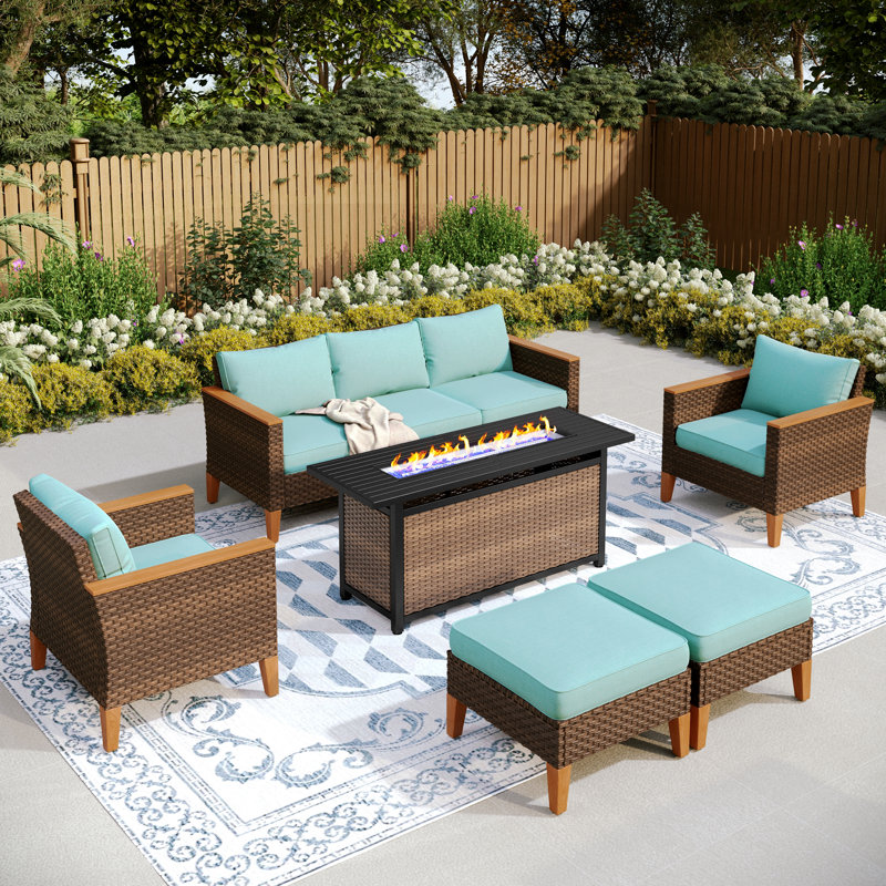 Shutesbury 7-Piece Wicker Outdoor Patio Furniture Set, Sectional Patio Set with Cushions, Yes, Blue