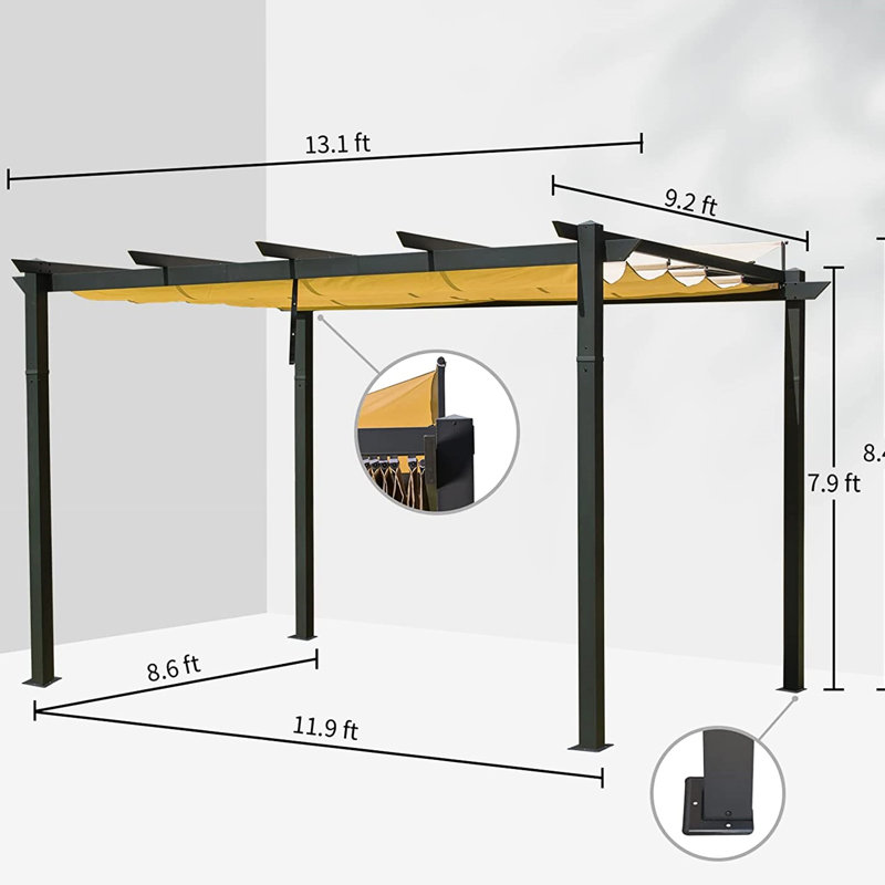 Dark Grey Aluminum Pergola Gazebo With Retractable Sun - For Bbq, Party, Wedding. Build, Resistance. Perfect Patio, Backyard, Deck, Garden Weather- Canopy Deck. Structure, Strong & Rust-. Wall Design.