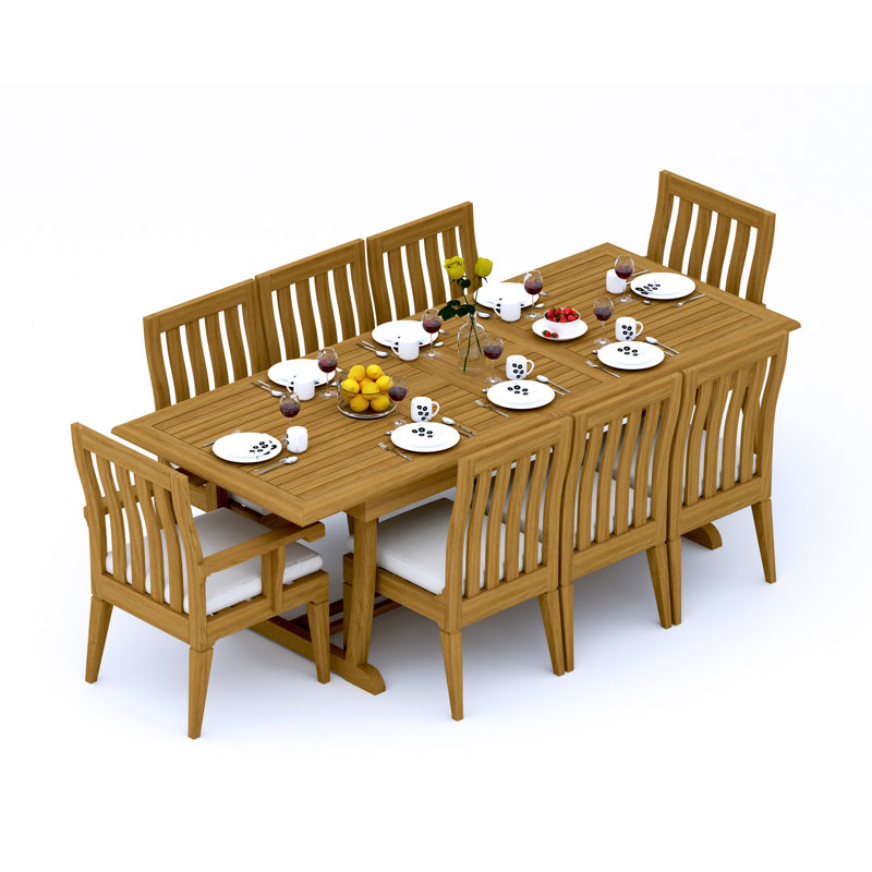 Ensemble de salle à manger 9 pièces en bois de teck de qualité A: table de chevet rectangulaire à double tréteaux et chaises Caranas de 94 po # 11Ca2102