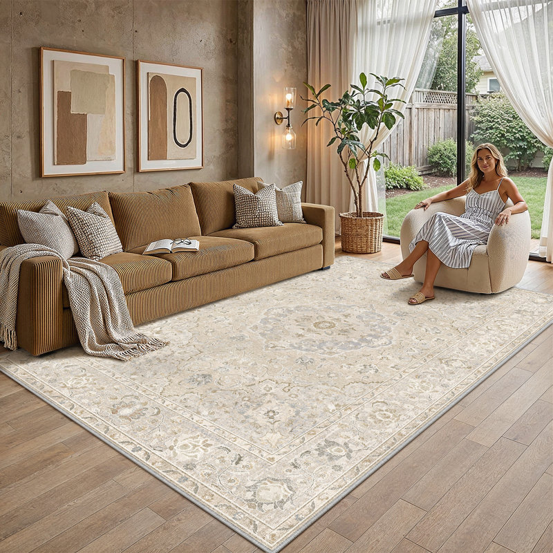 Tapis persan rétro Velora avec lavable à la machine et antidérapant, Ivory, Rectangle 6'x 9'
