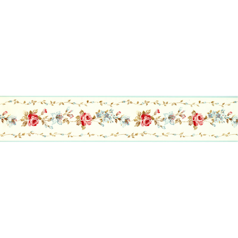 Papier peint bordure rose rouge 15 pi x 4 po Heilyn, Turquoise / crème / rouge