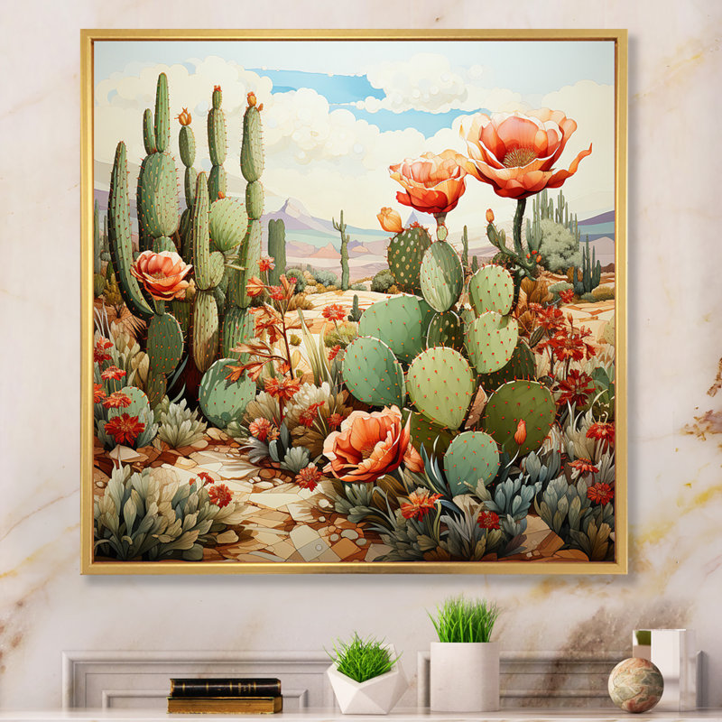 Corail vert cactus désert pointillisme III - art mural de cactus pour le salon, H 16 po x l 16 po x P 1 po