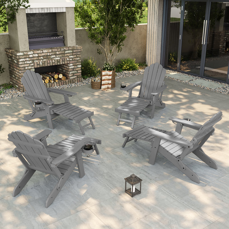 4pcs Folding Adirondack Chair with Retractable Ottoman and Cup Holder Adjustable Adirondack Chair with Footrest Set, Gray