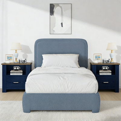 Modern Upholstered Boucle Bed with 2-Tier Farmhouse Nightstands – 2-Piece Bedroom Set