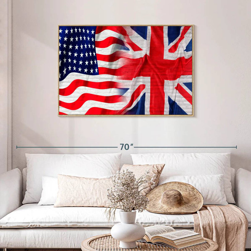 Drapeau américain et britannique, Cadre flottant en bois naturel, 43 po x 29 po