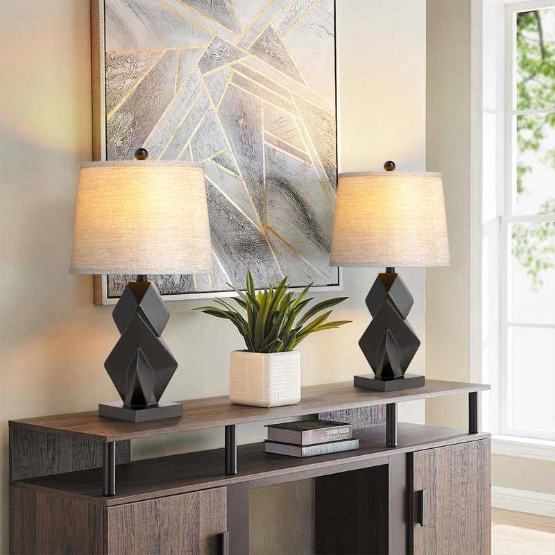24.5'' Resin Modern Glam Table Lamp Set With Usb, Black