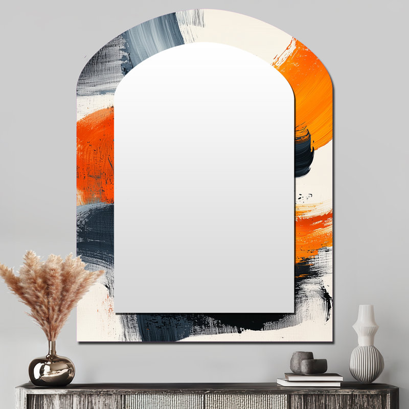 Balck And Orange Converge Dream I - Line Art Asymmetrical Decorative Wall Mirror, Orange Arch Large Mirror, Printed Metal Art
