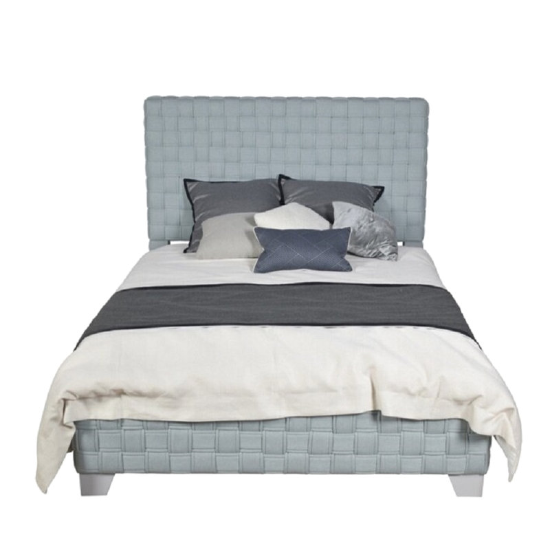 Lit contemporain en chenille bleu sarcelle, grand lit, entièrement rembourré et rembourré, pieds à finition grise, sommier tapissier au design audacieux,