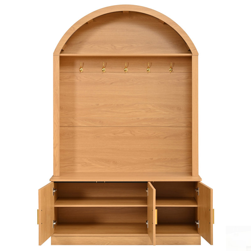Farmhouse Fabric Arched Top Hall Tree with 5 Metal Hooks, All-in-One Mudroom Furniture with Adjustable Shelves, Mid-Century Fluted Door Entryway Bench with Wood Grain Finish for Hallway